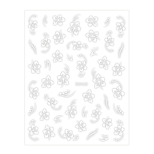 Dünne, selbstklebende Nagelsticker mit Blumenmotiv SWA20, weiß