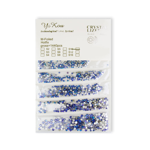 Blue Zircon AB glass nail rhinestones, mixed sizes, approx. 1440 pieces per pack