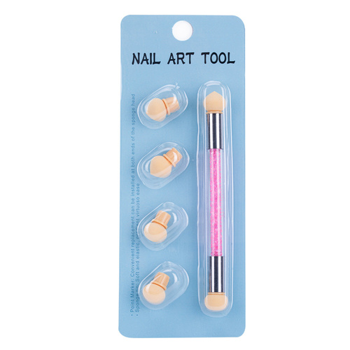 Pincel de doble cara con esponja para ombré y nail art con pedrería rosa