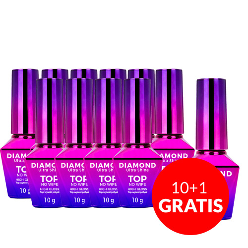 10+1gratis Top wysoki połysk bez przemywania Diamond Ultra Shine top no wipe high gloss MollyNails HEMA/Di-HEMA Free clear 10g