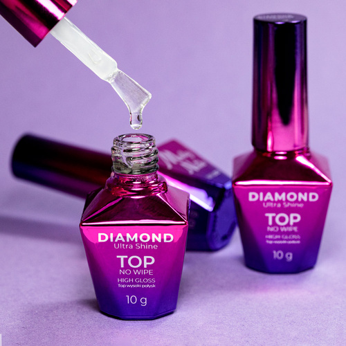 10+1gratis Top wysoki połysk bez przemywania Diamond Ultra Shine top no wipe high gloss MollyNails HEMA/Di-HEMA Free clear 10g