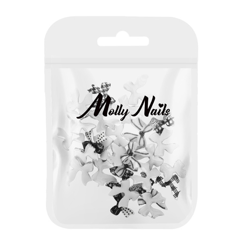 Ozdoby do paznokci kokardki 3D MollyNails biało czarne 30 szt