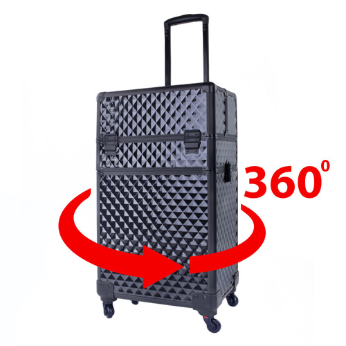 Maletín de cosméticos XXXL 4 en 1 con ruedas giratorias de 360 grados Diamond 3D, negro con herrajes negros
