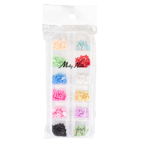 Kasetka z ozdobami akrylowe kwiatki Molly Nails mix kolorów Nr 1 ok. 300 sztuk