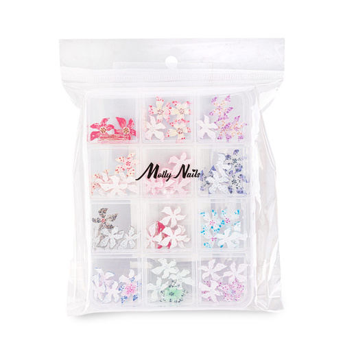 Kasetka z ozdobami akrylowe kwiatki 3D Molly Nails mix kolorów 60 sztuk