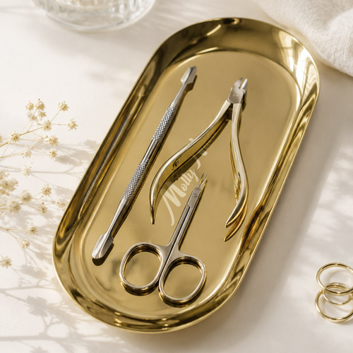 10 + 1 gratis: Ovale, goldene Metall-Werkzeugablage von MollyNails