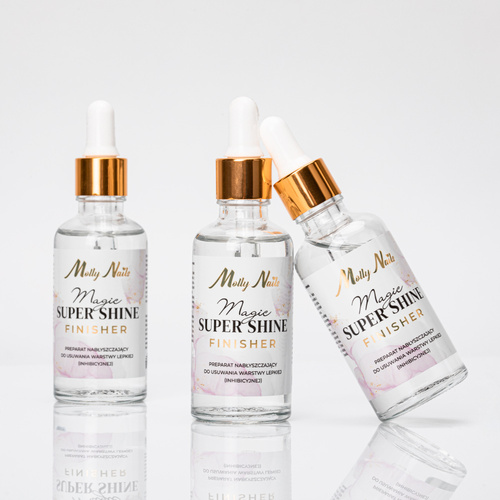 10+1gratis Cleaner perfumowany 3w1 płyn nabłyszczający do usuwania warstwy lepkiej Magic Super Shine Finisher z pipetą Molly Nails 50ml