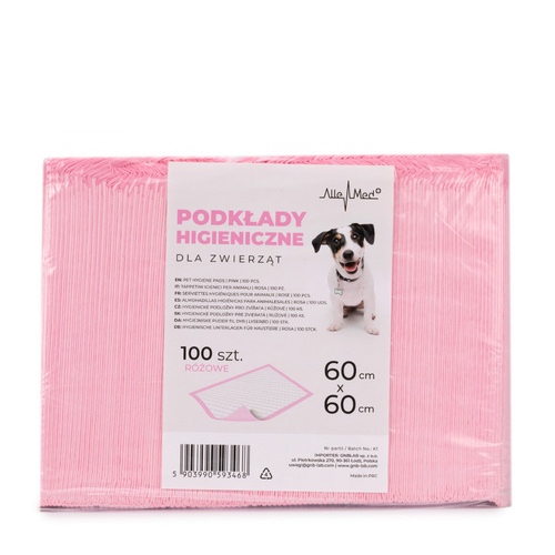 Podkłady mata maty chłonne dla psa nauka sikania higiena czystość AlleMed 100 szt. 60x60 cm różowe