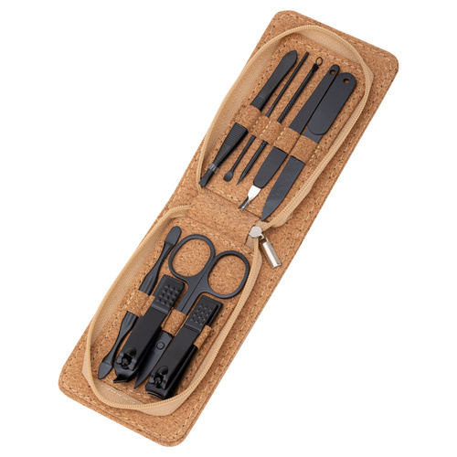 Set of 9 cosmetic accessories for manicure, pedicure, and eyebrow shaping in a cork case - CC044