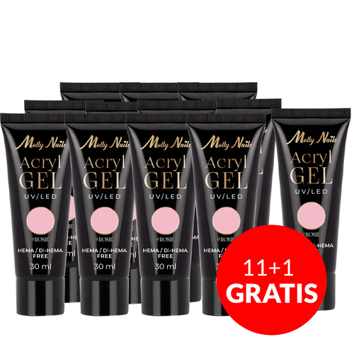 11 + 1 gratuit : Acrygel, gel de construction pour extensions AcrylGel Molly Nails, sans HEMA/Di-HEMA, Rosie, 30 ml