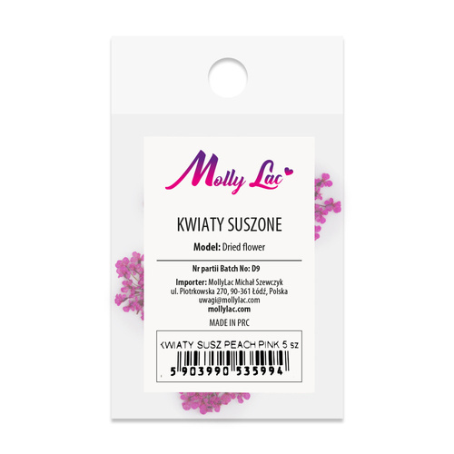 Suszone kwiaty do zdobień paznokci MollyLac Peach Pink 5szt
