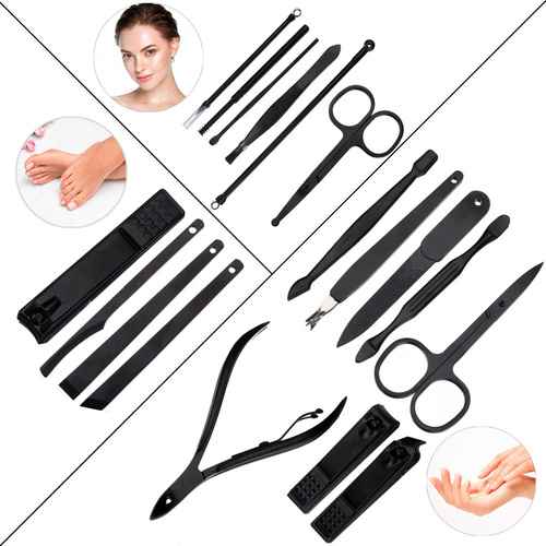 Set de 18 accesorios de belleza para manicura, pedicura y tratamientos faciales en un estuche negro y rojo - CC046