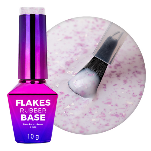 Base in gomma color latte con scaglie metallizzate viola «Flakes Rubber Base Milk&Purple» MollyLac senza HEMA/Di-HEMA, 10 grammi