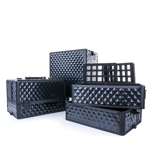Trousse de maquillage XXXL 4 en 1, valise de maquillage à roulettes pivotantes à 360 degrés, Diamond 3D, noire avec des finitions noires