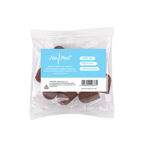 Abrasive caps for pedicure with cotton center, 13 mm, 180 grit, brown, AlleMed, 10 pcs.