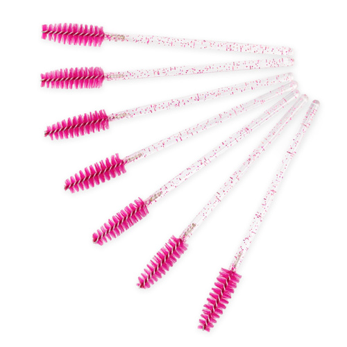 Brosse à cils en nylon rose - tige transparente/rose, 50 pièces