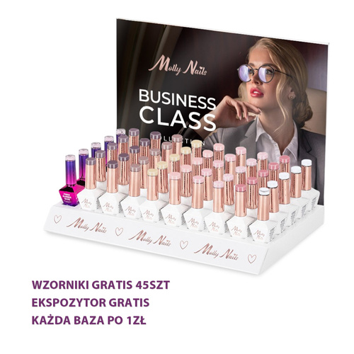 Lot de 55 pièces : 45 vernis hybrides MollyNails Business Class sans HEMA/di-HEMA, 8 g + 5 bases S.O.S. Fiber Angel Pink, 10 g, 45 gabarits pour bâtonnets, présentoir