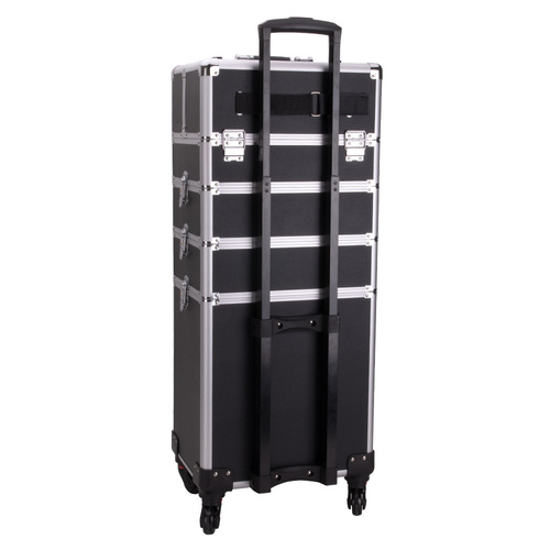 XXXL 4-in-1 Cosmetic Case with 360° Swivel Wheels - Solid Black with Silver Hardware
