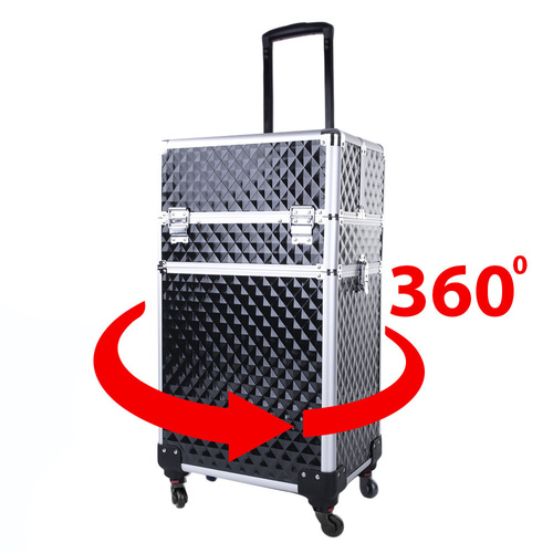 XXXL 4-in-1 Cosmetic Case—Diamond 3D Black Cosmetic Suitcase with 360-Degree Swivel Wheels and Silver Hardware