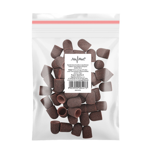 Abrasive caps for pedicure with cotton center, 13 mm, 120 grit, brown, AlleMed, 100 pcs.