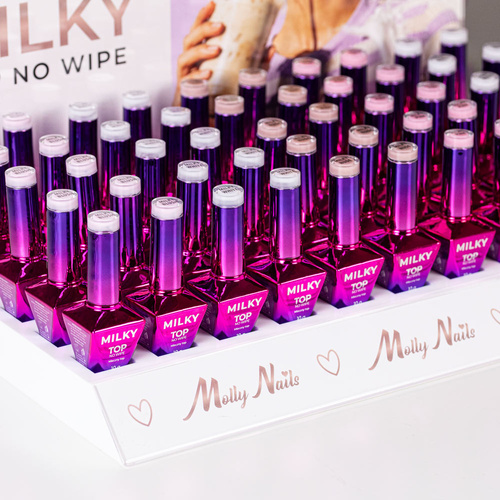 Pakiet 54 sztuki: 45 lakierów hybrydowych Molly Nails Choco Dream Hema/di-Hema free 8g + 9 baz i topów, wzornik, ekspozytor