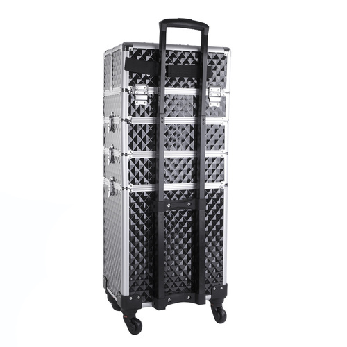 Maletín de cosméticos XXXL 4 en 1 con ruedas giratorias de 360 grados, modelo Diamond 3D, negro con herrajes plateados