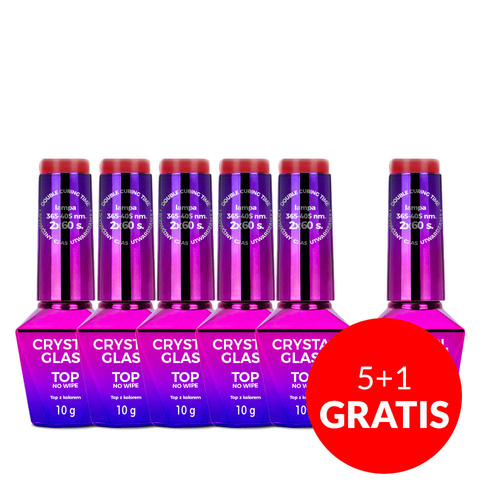 5+1 gratis – Farbiges Topcoat ohne Abwischen (No-Wipe) „Crystal Glass“ von Molly Nails, rot, HEMA/Di-HEMA-frei, 10 g