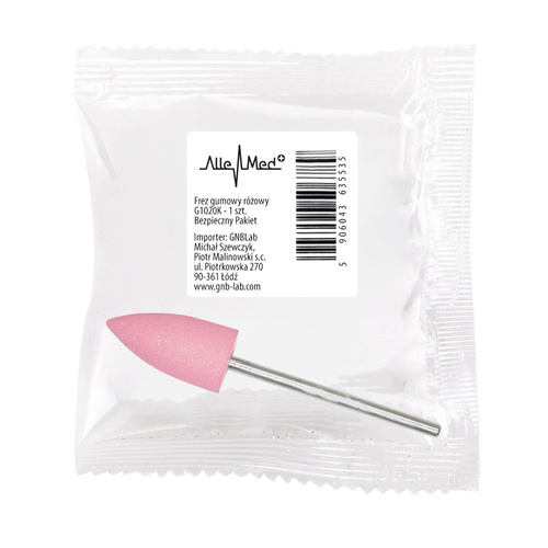 Fresa de goma rosa con forma de bola y vástago plateado