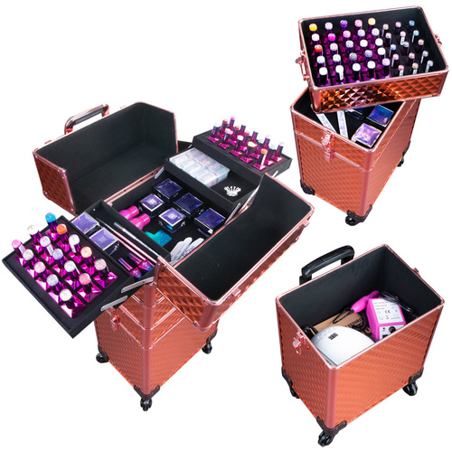 Valigetta da trucco XXXL 4 in 1 con ruote girevoli a 360 gradi - Diamond 3D rose golden (finiture color oro rosa)