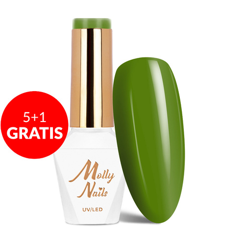 5+1gratis Lakier hybrydowy MollyNails Green Party Green Olive HEMA/Di-HEMA Free 8g Nr 85