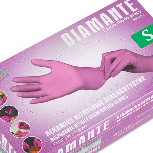 Diamante Disposable Nitrile Diagnostic and Protective Gloves, Size S, Pink, 100 pieces
