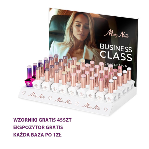 Pakiet 55 sztuk: 45 lakierów hybrydowych MollyNails Business Class Hema/di-Hema free 8g + 5 baz S.O.S. Fiber Angel Pink 10 g, 45 wzorników patyczków, ekspozytor