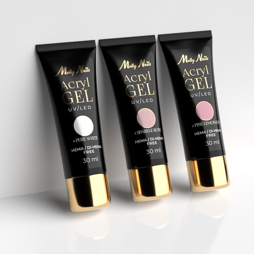 11 + 1 gratis. Gel acrílico Polygel, gel de construcción para extensiones AcrylGel Molly Nails, sin HEMA ni Di-HEMA, Pink Sparkle, 30 ml