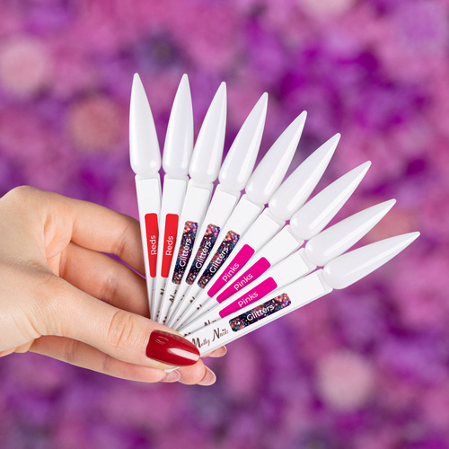 Pakiet 55 sztuk: 45 lakierów hybrydowych MollyNails La Vie en Rouge Hema/di-Hema free 8g + 5 baz S.O.S. Fiber Angel Pink 10 g, 45 wzorników patyczków, ekspozytor