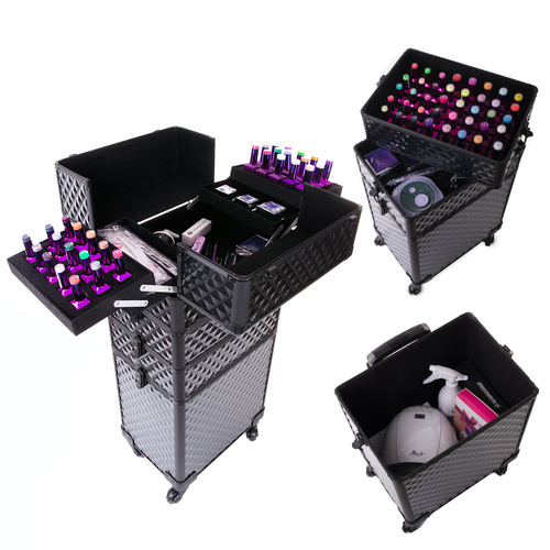 Maletín de cosméticos XXXL 4 en 1 con ruedas giratorias de 360 grados Diamond 3D, negro con herrajes negros