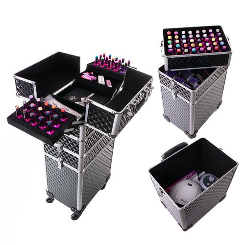 Trousse de maquillage XXXL 4 en 1, valise de maquillage à roulettes pivotantes à 360 degrés, Diamond 3D, noire avec des finitions argentées