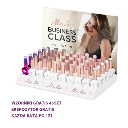 55-piece set: 45 MollyNails Business Class Hema/di-Hema-free hybrid nail polishes (8 g each) + 5 S.O.S. Fiber Angel Pink base coats (10 g each), 45 nail art stencils, display stand