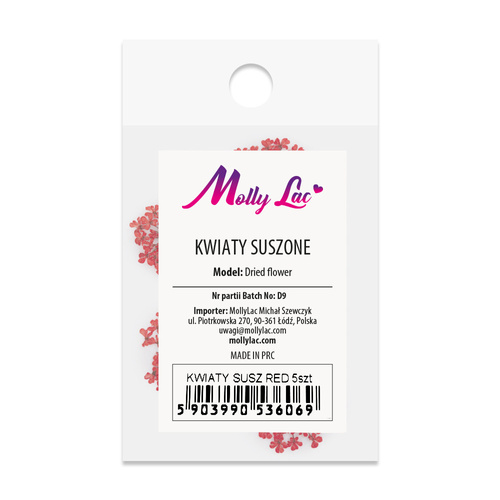 Suszone kwiaty do zdobień paznokci MollyLac Red 5szt