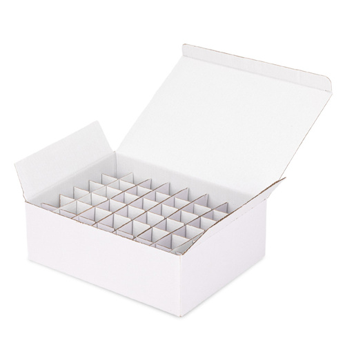 White custom-shaped protective cardboard box for cosmetics with a grid for 48 bottles