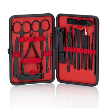 Set de 18 accesorios de belleza para manicura, pedicura y tratamientos faciales en un estuche negro y rojo - CC046
