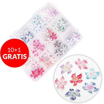 10+1gratis Kasetka z ozdobami akrylowe kwiatki 3D Molly Nails mix kolorów 60 sztuk