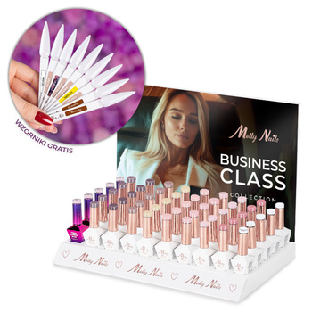 Pakiet 55 sztuk: 45 lakierów hybrydowych MollyNails Business Class Hema/di-Hema free 8g + 5 baz S.O.S. Fiber Angel Pink 10 g, 45 wzorników patyczków, ekspozytor