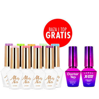 Zestaw 9 kolorów Fancy Fashion Molly Nails Hema/di-Hema free + baza i top GRATIS (X-Bond Base, Doctor Top)