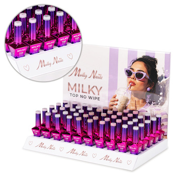 Pakiet 50 sztuk: 50 topów hybrydowych MollyNails Milky HEMA/Di-HEMA Free 10 g, ekspozytor