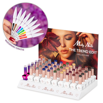 Pakiet 55 sztuk: 45 lakierów hybrydowych MollyNails The Trend Edit Hema/di-Hema free 8g + 5 baz S.O.S. Fiber Angel Pink 10 g, 45 wzorników patyczków, ekspozytor