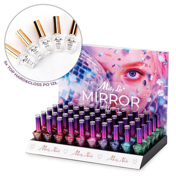 Pakiet 54 sztuki: 45 lakierów hybrydowych Molly Nails Choco Dream Hema/di-Hema free 8g + 9 baz i topów, wzornik, ekspozytor