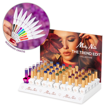Pakiet 54 sztuki: 45 lakierów hybrydowych Molly Nails Choco Dream Hema/di-Hema free 8g + 9 baz i topów, wzornik, ekspozytor