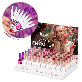 Набір із 55 штук: 45 гібридних лаків MollyNails The Trend Edit без Hema/di-Hema, 8 г + 5 базових покриттів S.O.S. Fiber Angel Pink, 10 г, 45 шаблонів для паличок, підставка